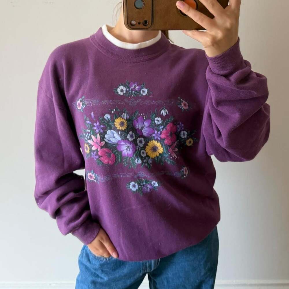 Vintage 90s Whim Z on JERZEES Activewear purple floral crewneck sweatshirt